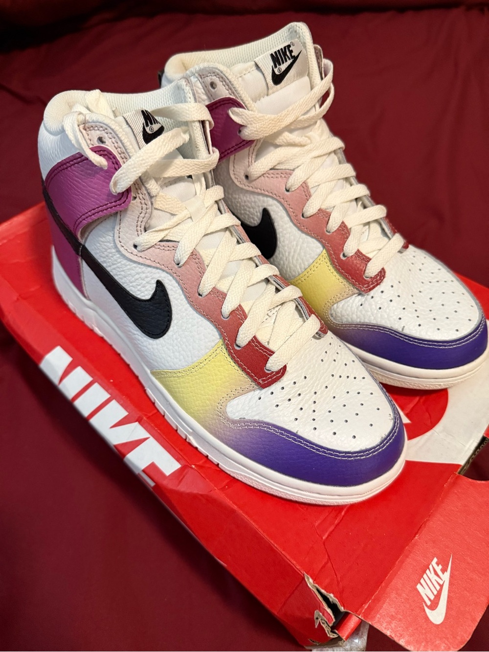 Nike High-Top Sneakers in White with Purple, Yellow & Pink Accents - NIB